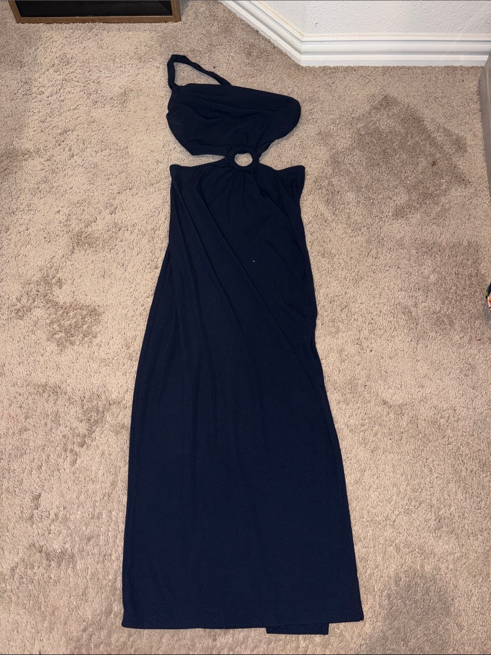 One-Shoulder Navy Maxi Dress with Ring Detail